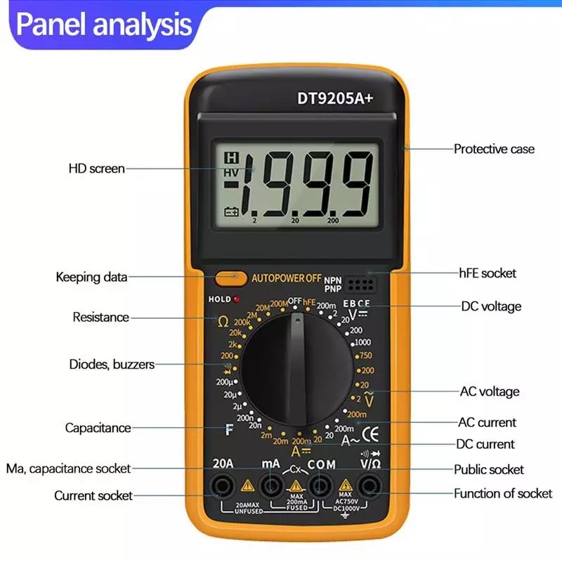 Multimètre numérique universel DT9205A 20A