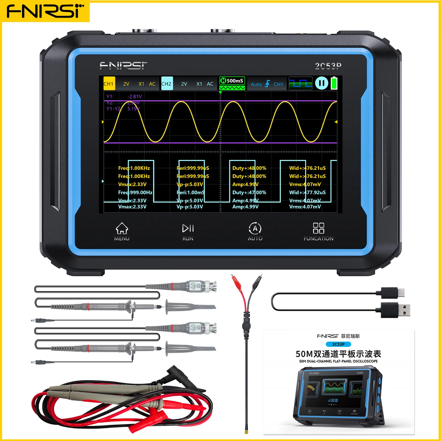 FNIRSI-Oscilloscope Numérique 2C53P ,Multimètre, Générateur de Signal, 3 en 1 à Écran Tactile,