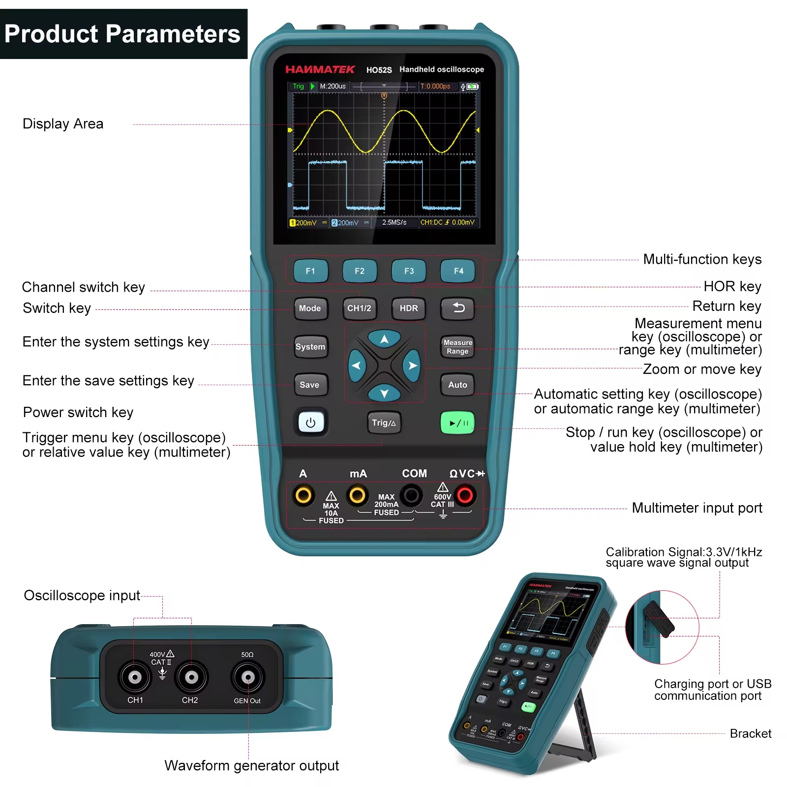 Oscilloscope multimètre Générateur de signaux  3  EN 1 portatif   HO102S Bande 100 MHZ Hanmatek