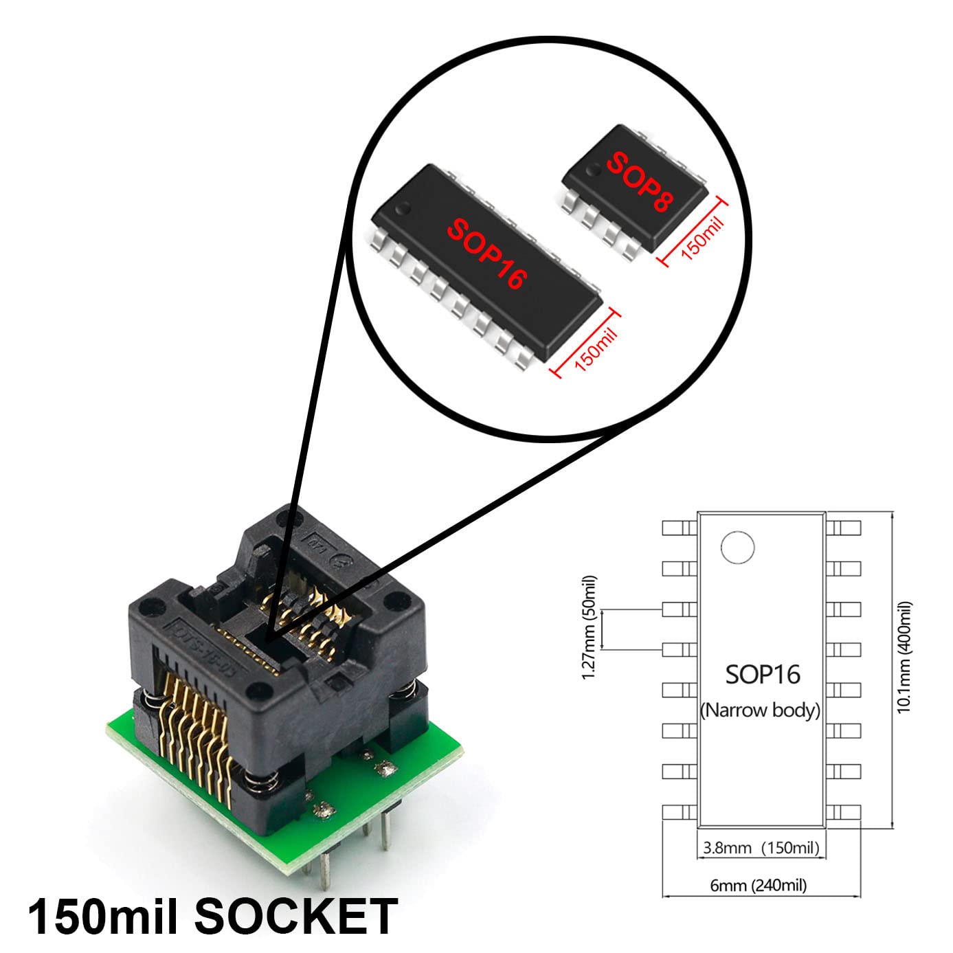 Adaptateur de programmeur  SOP16 TO DIP16 150mil