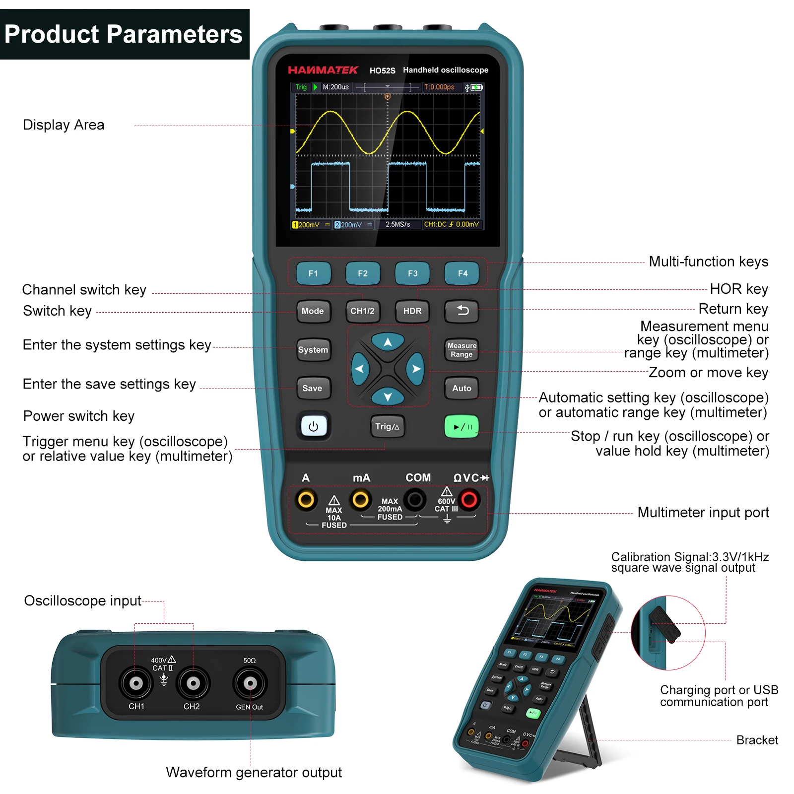 Oscilloscope multimètre Générateur de signaux  3  EN 1 portatif  HC52S  Bande 50 MHZ Hanmatek