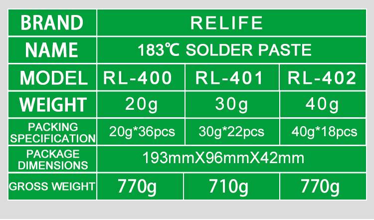 PATE A SOUDER RELIFE RL-400 20g 183℃