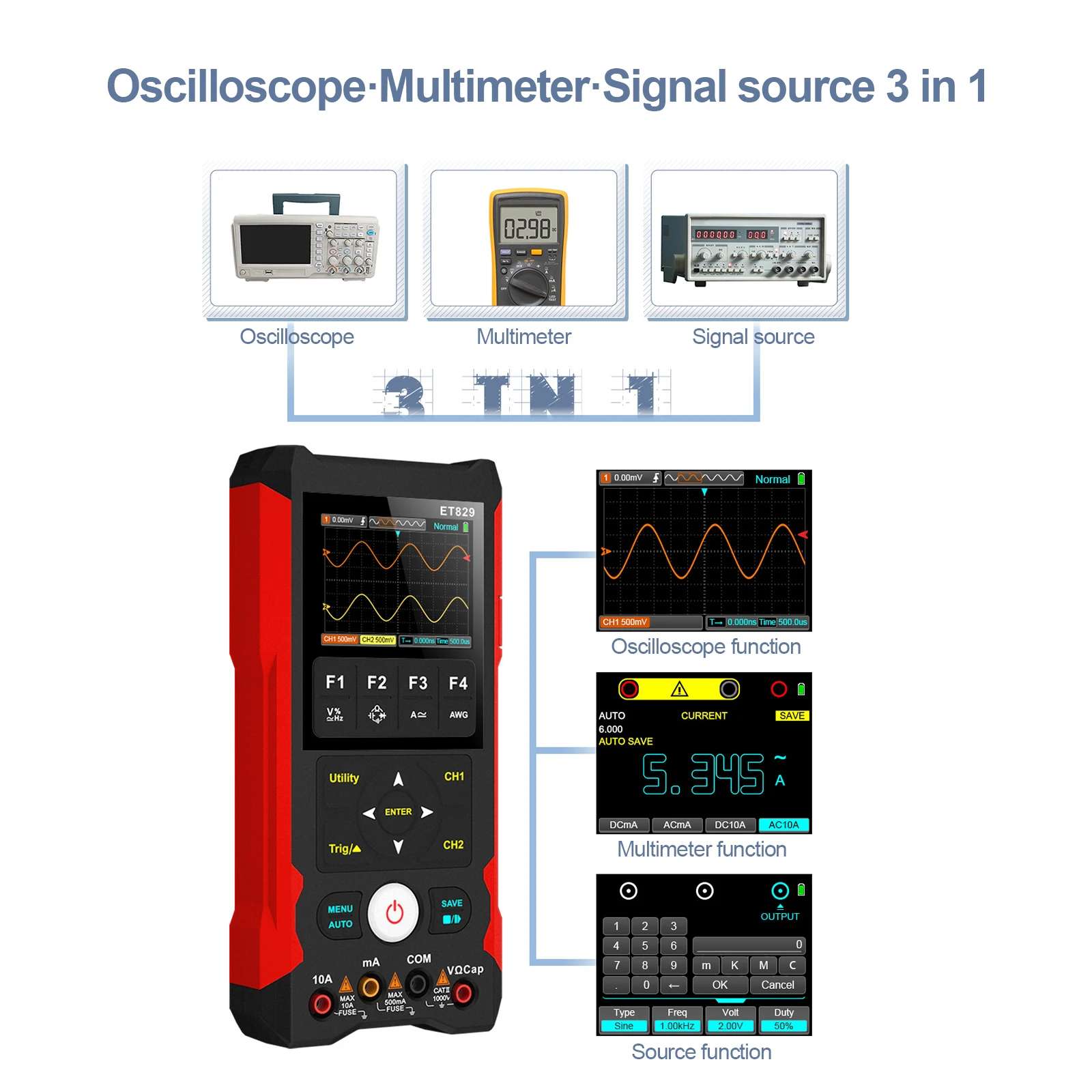 oscilloscope MULTIMETRE portable TOOLTOP ET829 + DMM + Générateur de formes d'ondes 3 en 1 à double canal avec une bande passante de 80 MHz