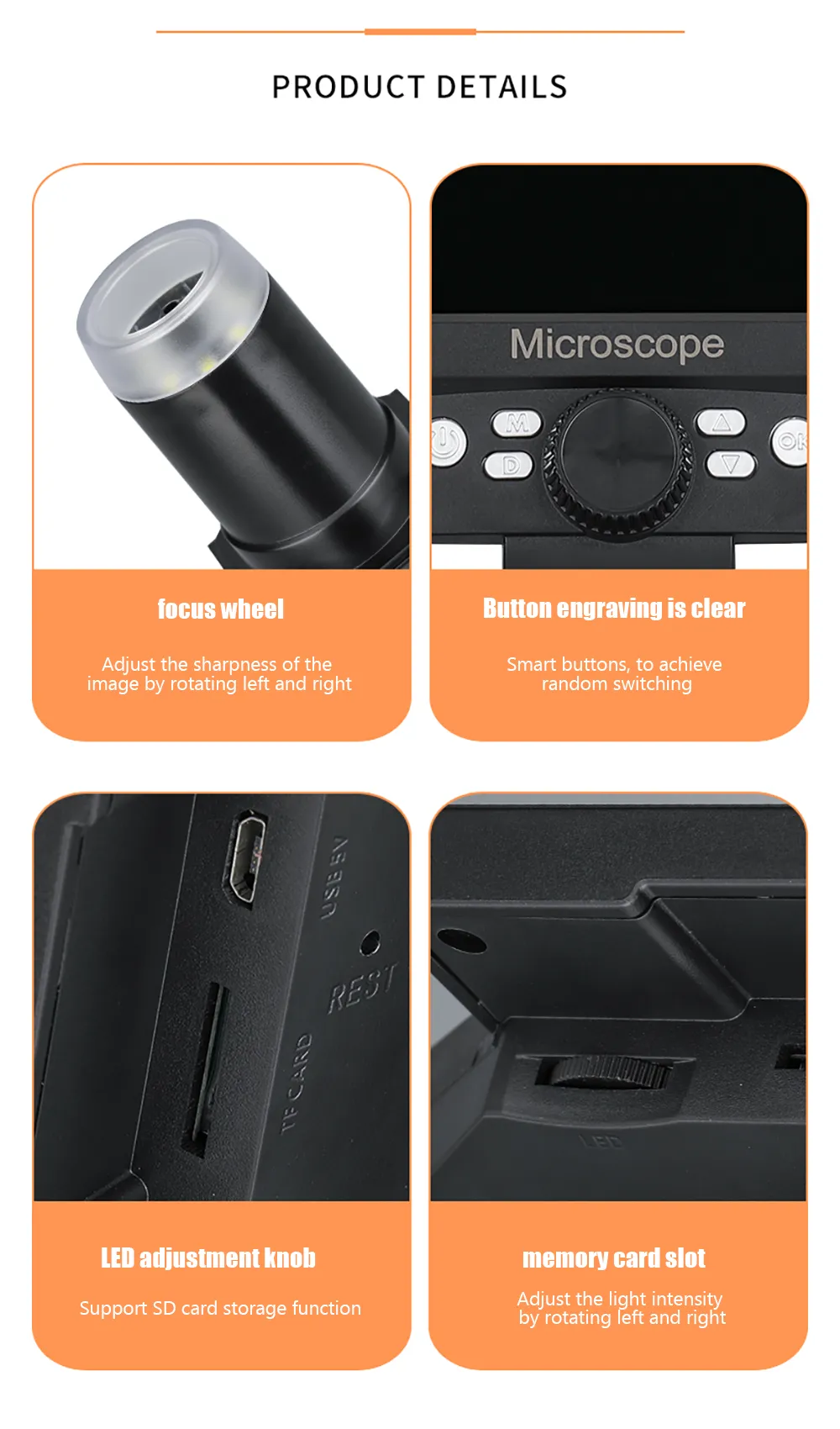 Microscope numérique G1000 1-1000X LCD 5.5 pouces HD Portable 8 LED 10MP