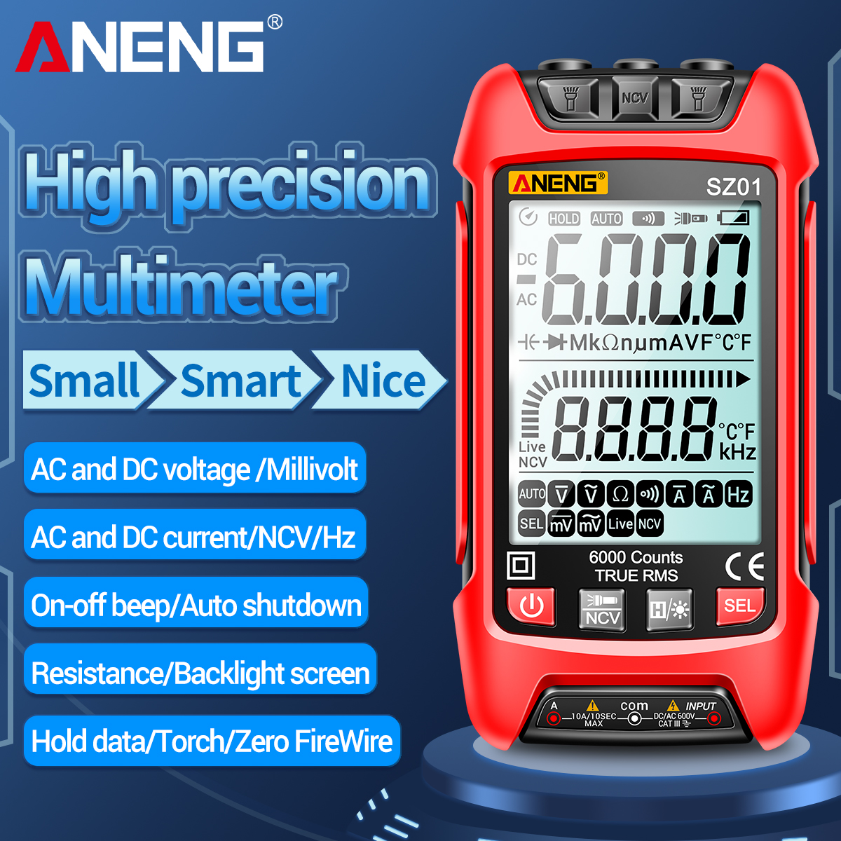ANENG – multimètre numérique SZ01, 6000 comptage True RMS, mesureur de capacité électrique automatique, tension cc ca, résistance de courant